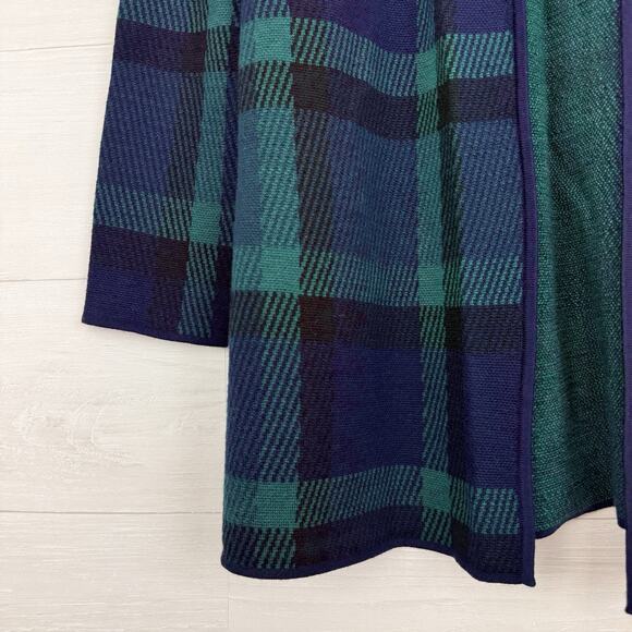 Talbots Pure Merino Wool Cardigan Large Green Tartan Plaid Preppy Open Front - Picture 4 of 15
